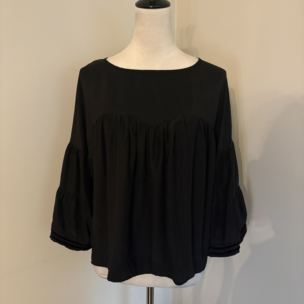 Marie Oliver Black 100% Silk Peasant Blouse Bell Sleeve Velvet Trim Medium EUC